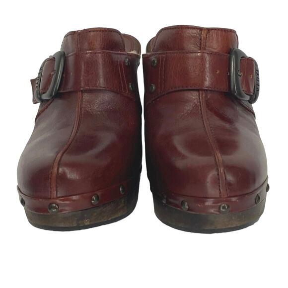 Frye Ella Clogs Stud Burgundy Leather Shearling Wood High Heels Womens 7 - Picture 3 of 8